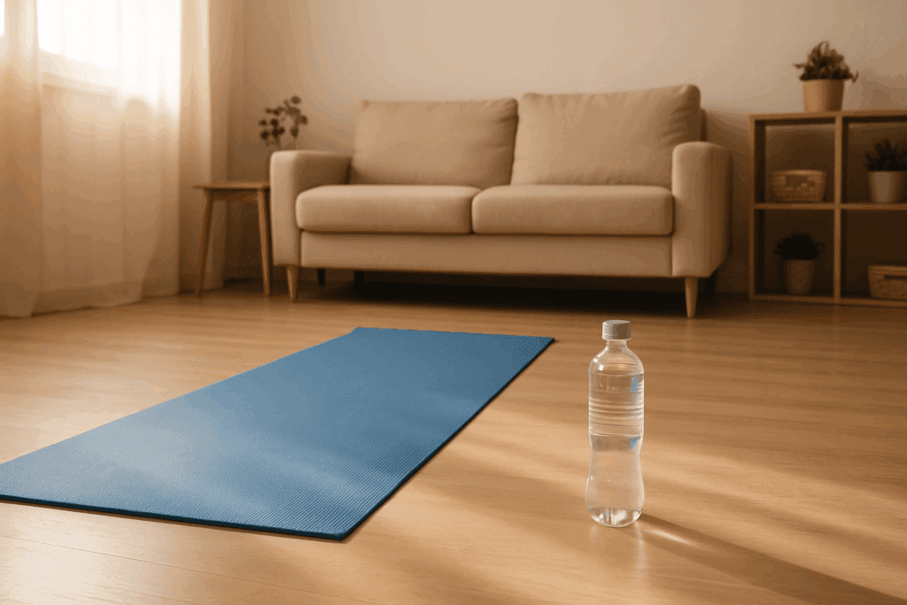 Boost Performance at Home: Best Low Impact Cardio Exercises for Endurance and Stamina Without Equipment 2 Bright living room with a yoga mat and water bottle set up for low impact cardio exercises at home