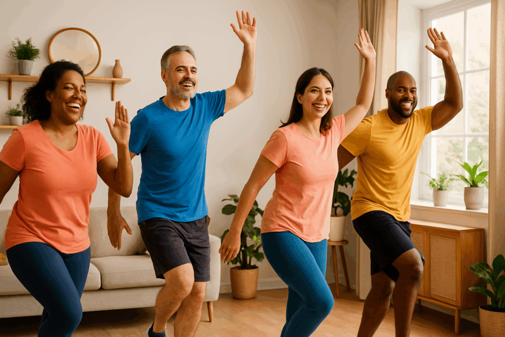 Boost Performance at Home: Best Low Impact Cardio Exercises for Endurance and Stamina Without Equipment 3 Diverse group of adults smiling and performing low impact cardio exercises like step taps and arm reaches together in a cozy home workout space.
