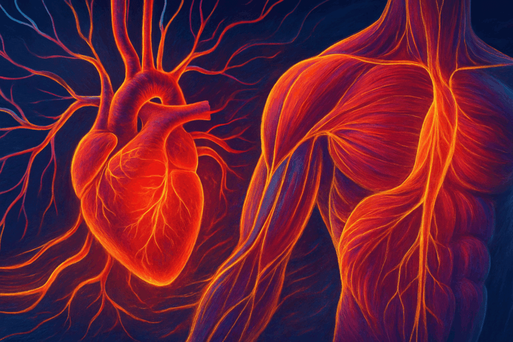 Boost Performance at Home: Best Low Impact Cardio Exercises for Endurance and Stamina Without Equipment 4 Abstract visualization of the heart, blood vessels, and muscles interconnected with glowing energy pathways, symbolizing cardiovascular improvements through low impact cardio exercises."