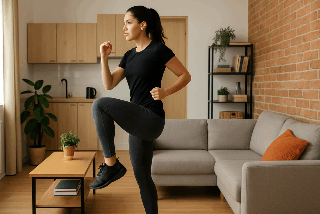 Boost Performance at Home: Best Low Impact Cardio Exercises for Endurance and Stamina Without Equipment 6 Young woman doing standing knee drives between a sofa and coffee table in a small apartment, demonstrating low impact cardio exercises in limited space.