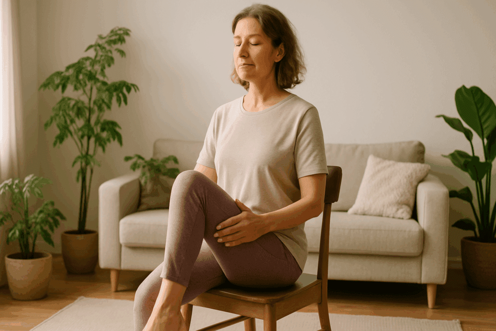 Boost Performance at Home: Best Low Impact Cardio Exercises for Endurance and Stamina Without Equipment 5 Calm indoor scene of a middle-aged woman practicing low impact cardio exercises with a seated march in a serene, plant-filled living room.