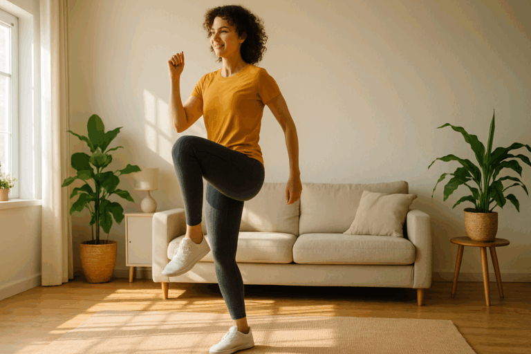 Woman performing low impact cardio exercises with standing knee lifts in a bright, cozy living room with sunlight and indoor plants