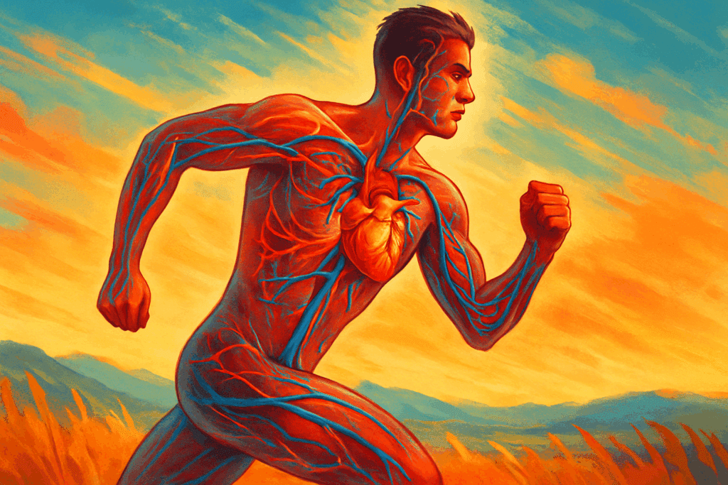 Boost Performance in Just Minutes Per Day: Expert-Backed Cardiovascular Exercise Recommendations to Improve Endurance Naturally 1 Athletic runner with visible heart, arteries, and veins illustrating cardiovascular exercise recommendations for improving human performance