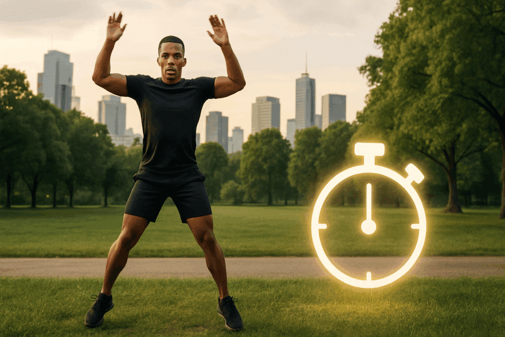 Boost Performance in Just Minutes Per Day: Expert-Backed Cardiovascular Exercise Recommendations to Improve Endurance Naturally 2 Man doing jumping jacks in a city park with glowing stopwatch icon illustrating cardiovascular exercise recommendations.