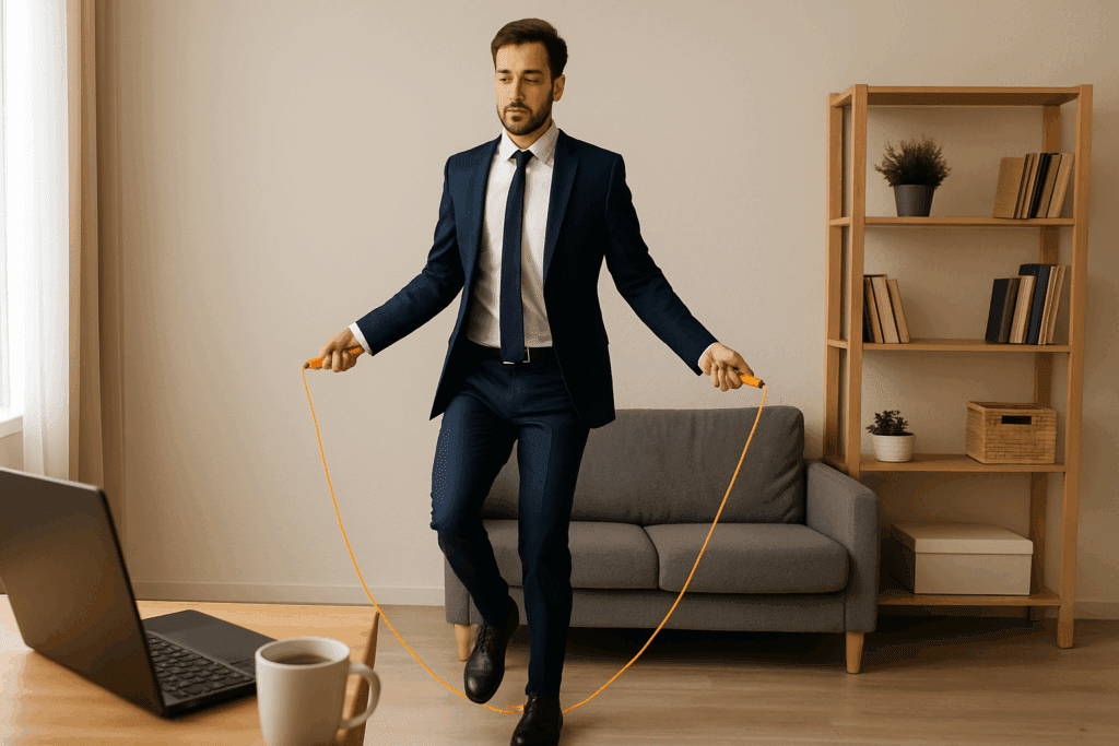 Boost Performance in Just Minutes Per Day: Expert-Backed Cardiovascular Exercise Recommendations to Improve Endurance Naturally 4 Busy professional jumping rope in home office with laptop and coffee, demonstrating cardiovascular exercise recommendations.
