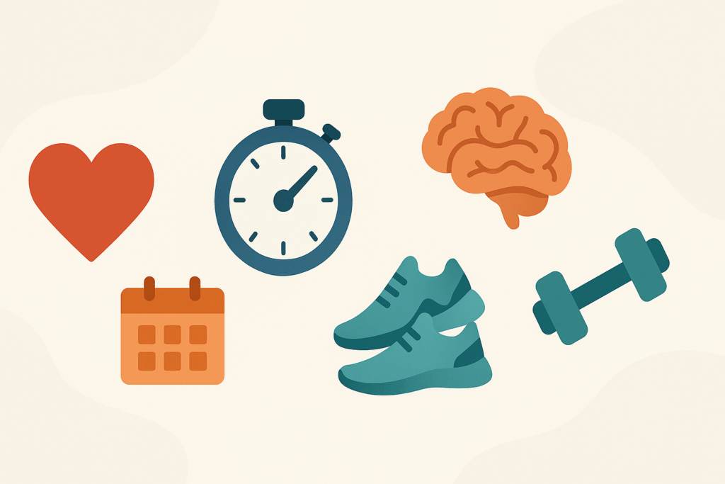 Boost Performance in Just Minutes Per Day: Expert-Backed Cardiovascular Exercise Recommendations to Improve Endurance Naturally 5 Heart, stopwatch, brain, shoes, calendar, dumbbells floating on background for cardiovascular exercise recommendations.