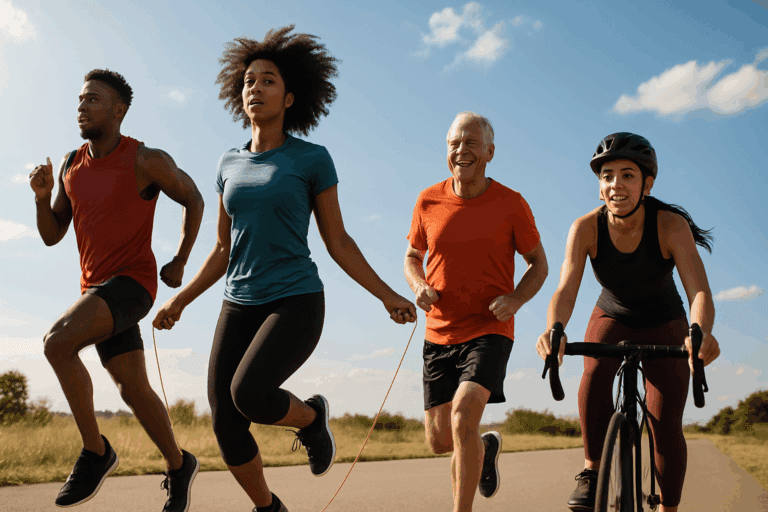 Diverse group of people sprinting, jumping rope, and cycling outdoors under a bright sky, illustrating cardiovascular exercise recommendations.