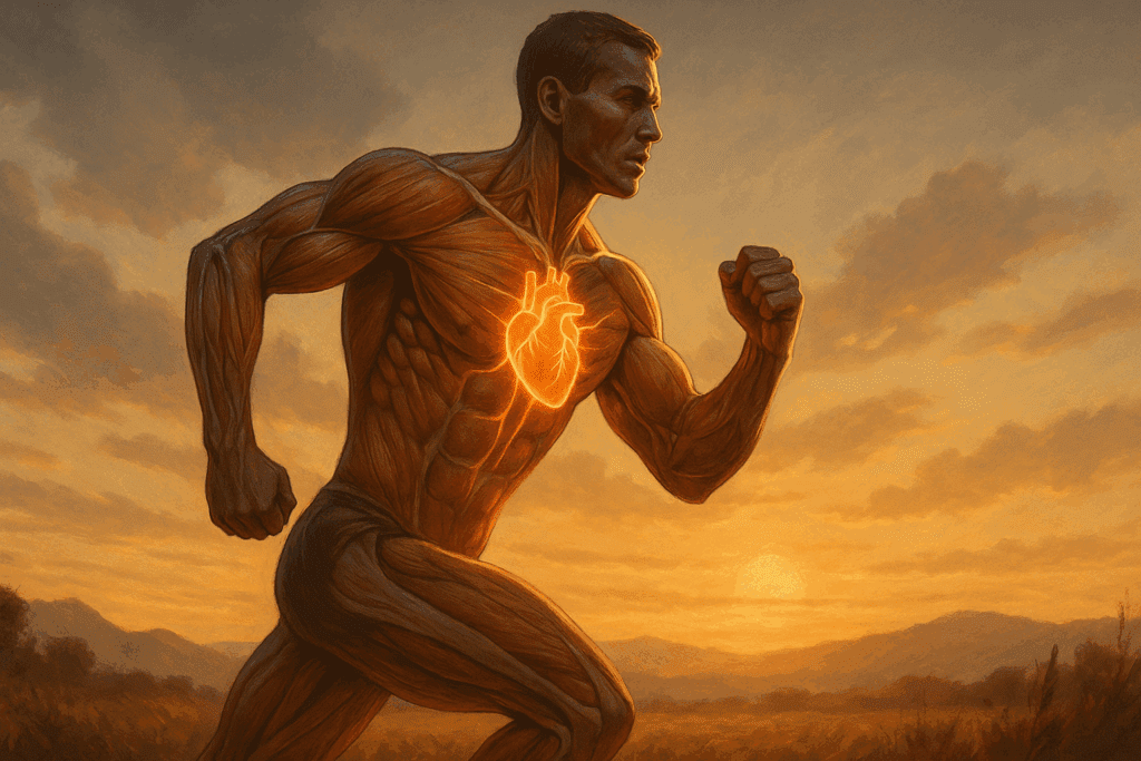 Boost Physical Strength and Stamina Naturally: Top Expert-Backed Strategies for Exercise and Strength Training 1 Anatomical illustration of a muscular runner with a glowing heart, symbolizing how to boost physical strength and stamina naturally through endurance and fitness.