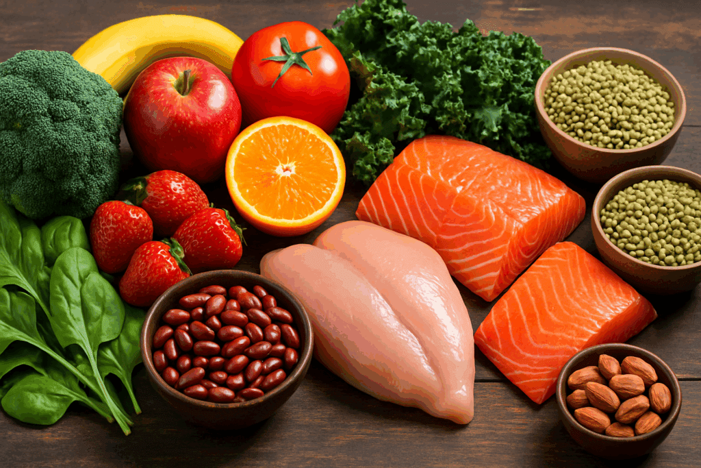 Boost Physical Strength and Stamina Naturally: Top Expert-Backed Strategies for Exercise and Strength Training 4 Colorful assortment of fruits, leafy greens, lean meats, nuts, and legumes arranged on a rustic table to boost physical strength and stamina naturally.