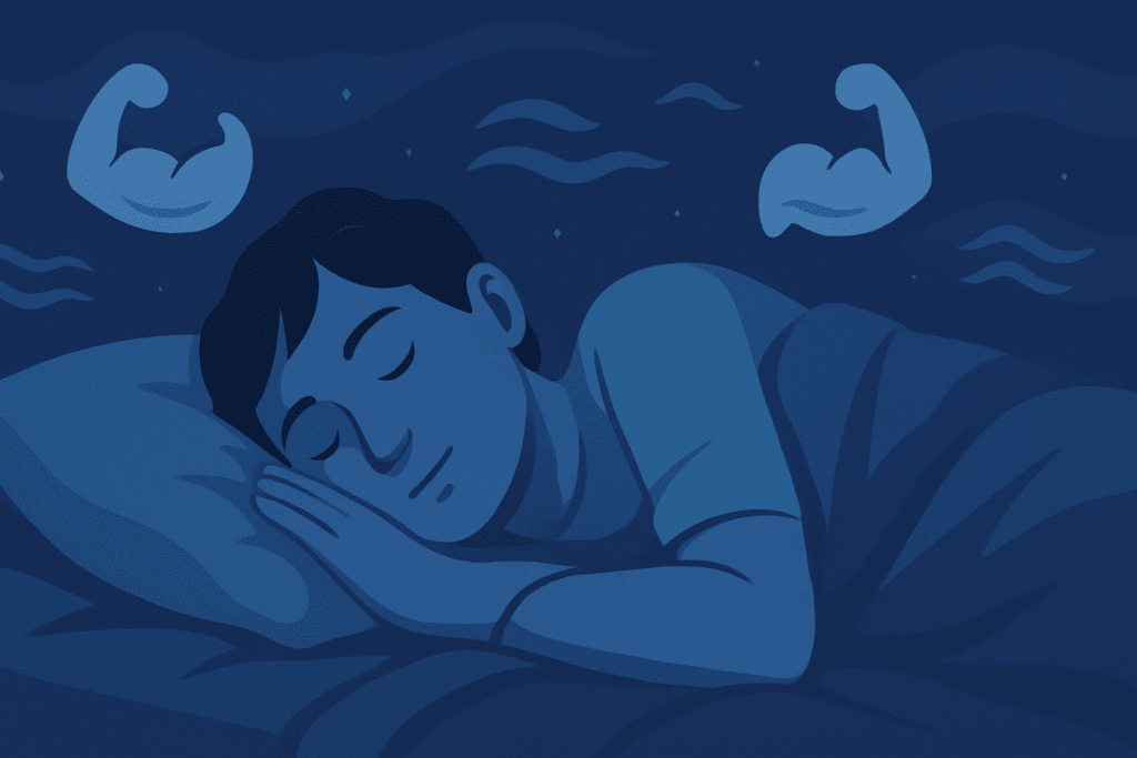Boost Physical Strength and Stamina Naturally: Top Expert-Backed Strategies for Exercise and Strength Training 5 Peaceful nighttime scene of a person sleeping under cozy bedding with floating muscle icons and calm waves, symbolizing how sleep helps boost physical strength and stamina naturally