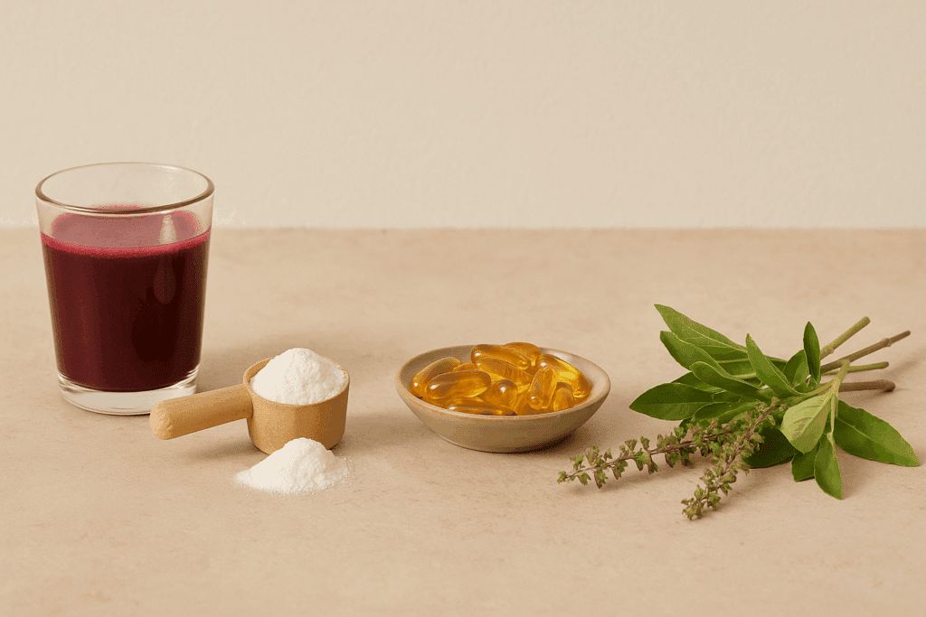 Boost Physical Strength and Stamina Naturally: Top Expert-Backed Strategies for Exercise and Strength Training 6 Natural supplements including creatine powder, beetroot juice, omega-3 capsules, and adaptogenic herbs arranged to boost physical strength and stamina naturally.