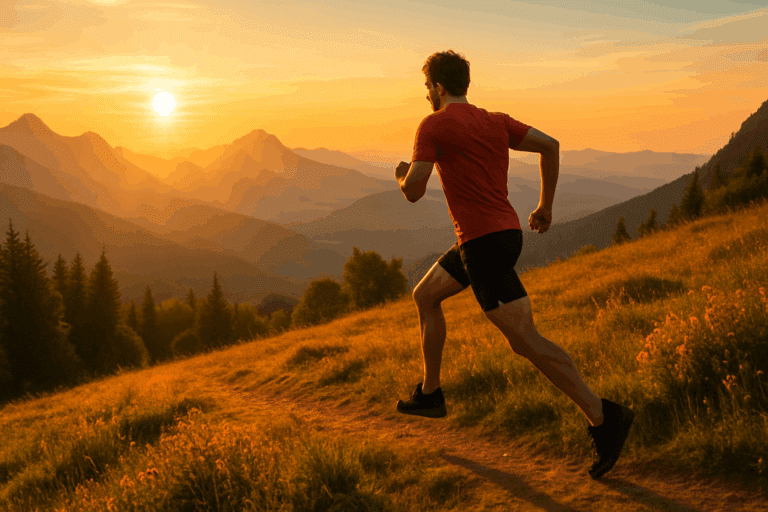 Fit adult runner ascending a sunlit mountain trail at sunrise, symbolizing the journey to boost physical strength and stamina naturally.