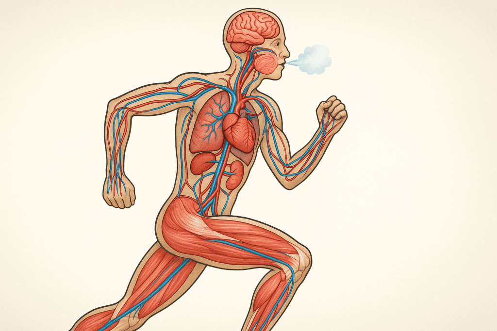 Boost Running Endurance Naturally: Can Running Stamina Medicine or Tablets Help Improve Performance Safely? 1 Cross-sectional illustration of a human body in motion showing cardiovascular, muscular, and respiratory systems, highlighting the science behind running stamina medicine.