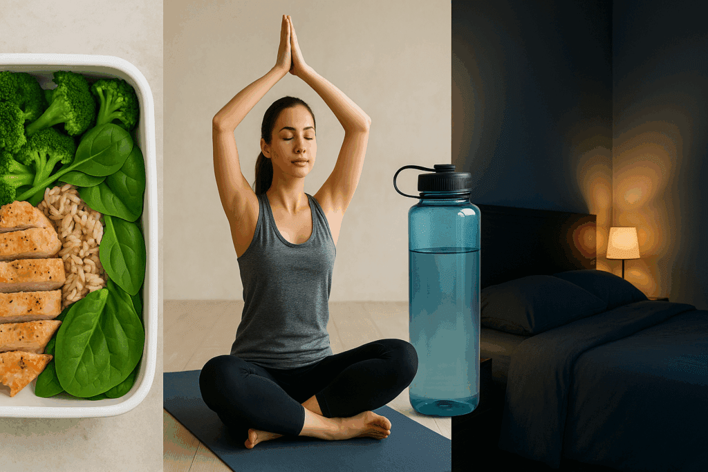Boost Running Endurance Naturally: Can Running Stamina Medicine or Tablets Help Improve Performance Safely? 2 Balanced lifestyle collage promoting running stamina medicine with healthy meal prep, yoga, hydration, and restful sleep.