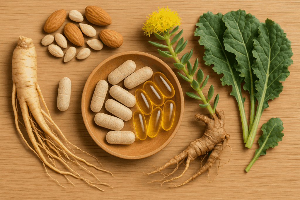 Boost Running Endurance Naturally: Can Running Stamina Medicine or Tablets Help Improve Performance Safely? 3 Natural running stamina medicine supplements with ginseng root, Rhodiola rosea, nuts, and leafy greens on wooden table