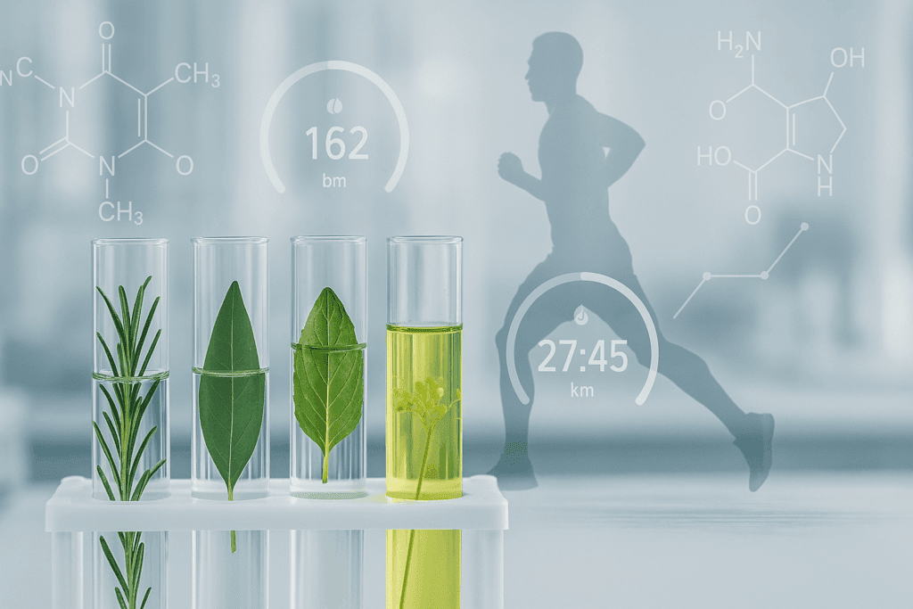 Boost Running Endurance Naturally: Can Running Stamina Medicine or Tablets Help Improve Performance Safely? 4 Lab test tubes with herbal extracts beside a runner’s silhouette and performance data, symbolizing research on running stamina medicine