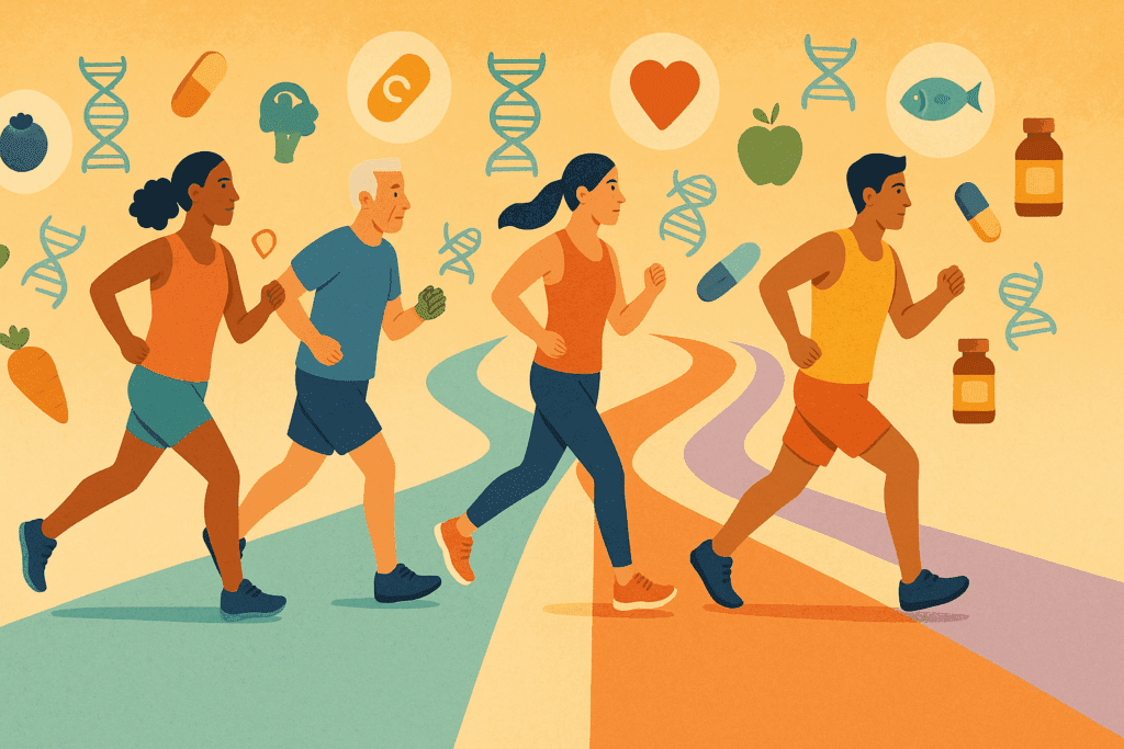 Boost Running Endurance Naturally: Can Running Stamina Medicine or Tablets Help Improve Performance Safely? 6 Runners of diverse backgrounds on personalized paths marked by DNA, nutrition, and running stamina medicine icons