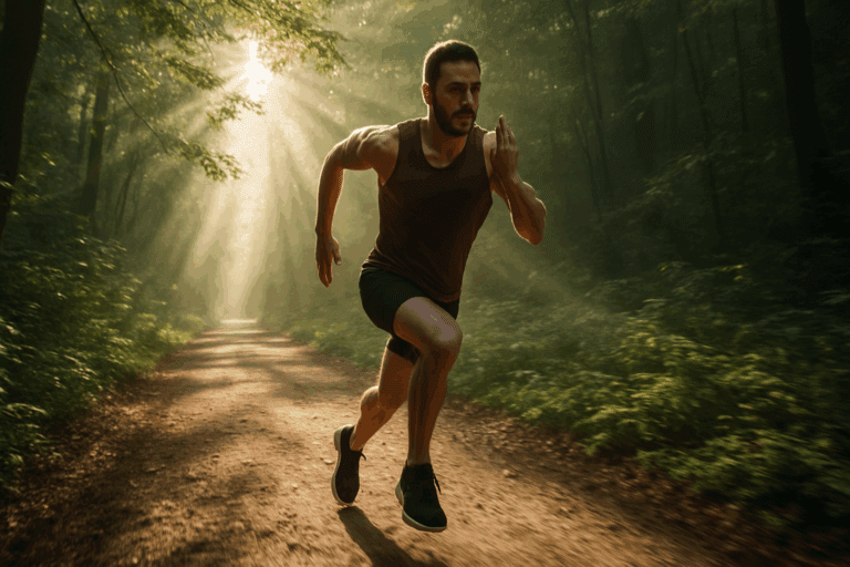 Athletic man sprinting through a misty forest trail at sunrise, symbolizing natural energy and running stamina medicine.