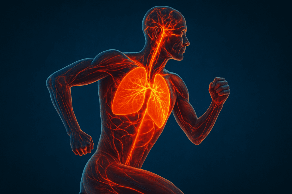 Boost Strength and Stamina Naturally: How Interval Training for Endurance Can Enhance Athletic Performance 1 Human figure in running motion highlighting cardiovascular system, muscles, and lungs glowing with energy to represent interval training for endurance