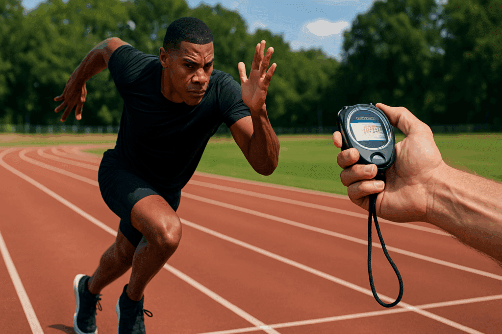 Boost Strength and Stamina Naturally: How Interval Training for Endurance Can Enhance Athletic Performance 2 Athlete sprinting on a track while coach times intervals with stopwatch, illustrating interval training for endurance