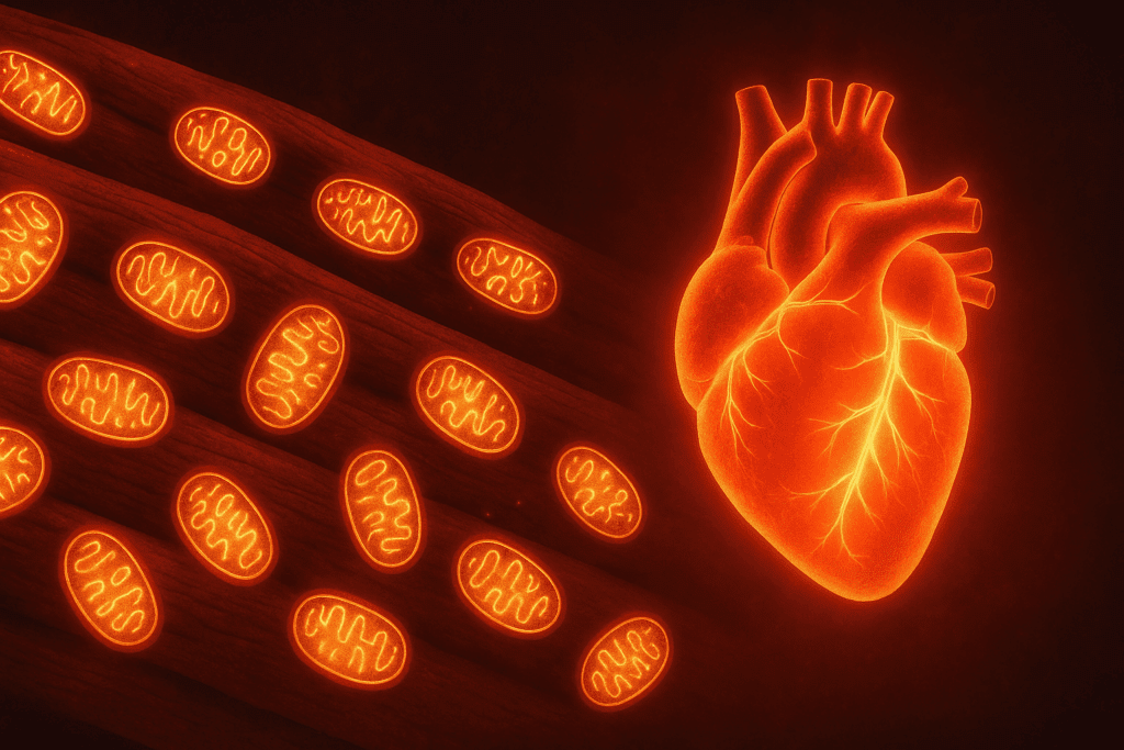 Boost Strength and Stamina Naturally: How Interval Training for Endurance Can Enhance Athletic Performance 3 Glowing mitochondria inside muscle fibers with a vibrant heart symbolizing improved VO2 max and metabolic efficiency through interval training for endurance