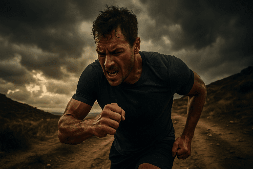 Boost Strength and Stamina Naturally: How Interval Training for Endurance Can Enhance Athletic Performance 4 Athlete pushing through rugged trail workout under stormy sky, symbolizing mental toughness and interval training for endurance