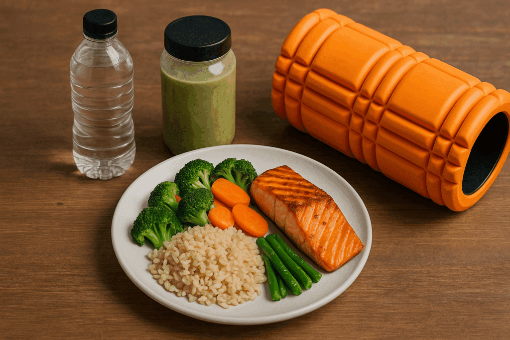 Boost Strength and Stamina Naturally: How Interval Training for Endurance Can Enhance Athletic Performance 6 Grilled salmon, brown rice, steamed vegetables, a recovery smoothie, water bottle, and foam roller supporting nutrition and recovery for interval training for endurance.