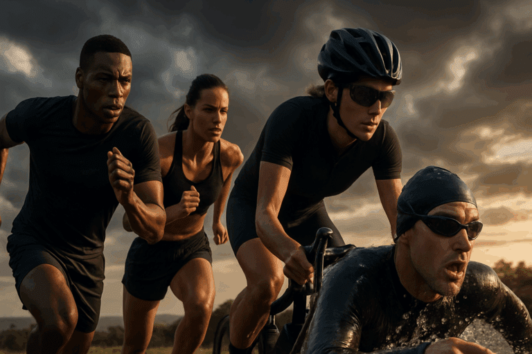 Diverse athletes including runners, a cyclist, and a swimmer pushing through interval training for endurance under dramatic cloudy skies outdoors.