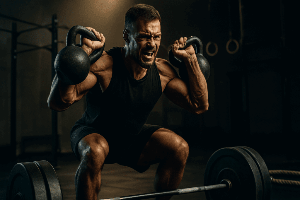 Boost Strength and Stamina Naturally: How a Full Body Weight Training HIIT Routine Can Enhance Performance and Endurance 2 Muscular athlete performing full body weight training HIIT with kettlebells and barbells in a dimly lit gym.