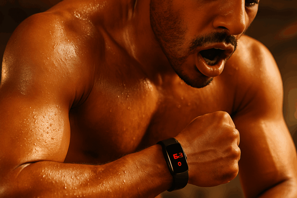 Boost Strength and Stamina Naturally: How a Full Body Weight Training HIIT Routine Can Enhance Performance and Endurance 3 Man performing full body weight training HIIT with heart rate monitor, sweating and breathing heavily during intense workout