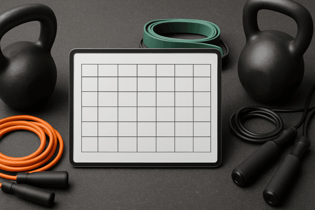 Boost Strength and Stamina Naturally: How a Full Body Weight Training HIIT Routine Can Enhance Performance and Endurance 4 Weekly full body weight training HIIT workout plan displayed on a tablet surrounded by kettlebells, resistance bands, and jump ropes