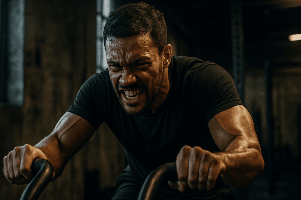 Boost Strength and Stamina Naturally: How a Full Body Weight Training HIIT Routine Can Enhance Performance and Endurance 5 Athlete showing mental grit during a full body weight training HIIT session in a dim, gritty urban gym setting
