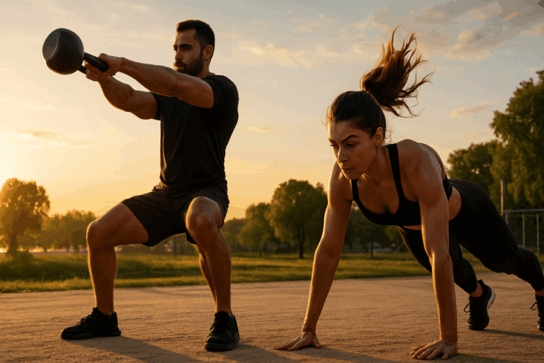 Man and woman performing full body weight training HIIT exercises—kettlebell swings and burpees—outdoors at sunrise in a fitness park.