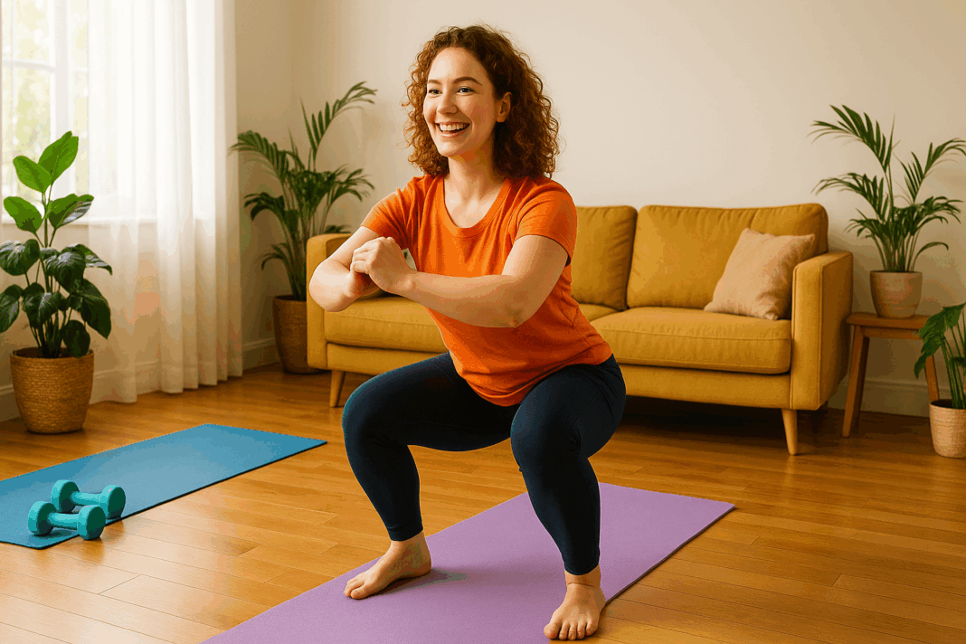 Beginner woman smiling while doing squats in a sunny living room as part of a 15 minute exercise routine with yoga mats, dumbbells, and indoor plants.
