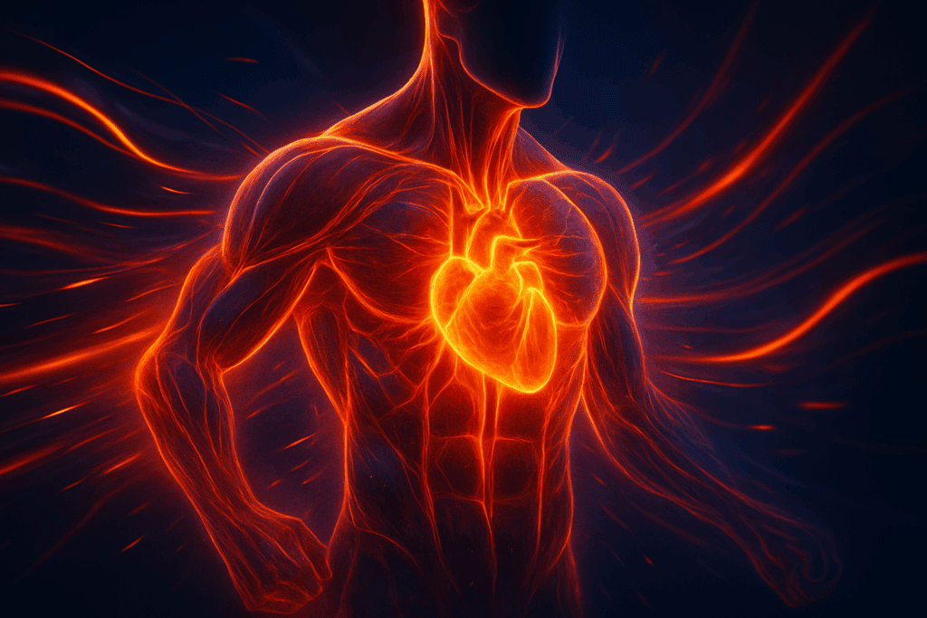 Boost Strength and Stamina Naturally: Try This 15 Minute Exercise Routine for Beginners at Home 1 Glowing human heart and muscles radiating energy to illustrate cardiovascular and metabolic benefits of a 15 minute exercise routine