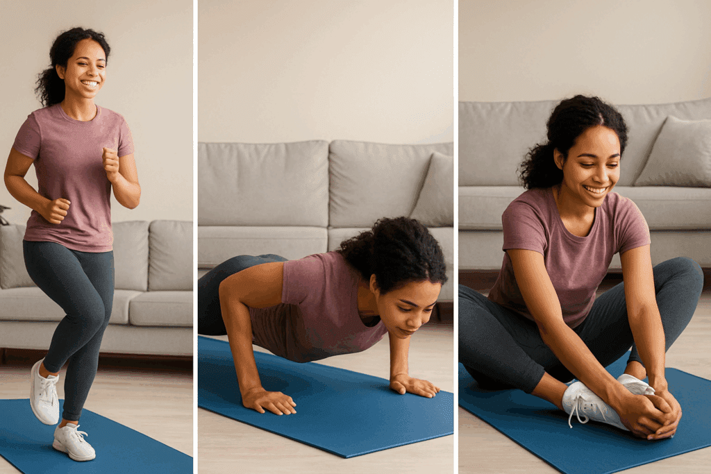 Boost Strength and Stamina Naturally: Try This 15 Minute Exercise Routine for Beginners at Home 2 Cheerful woman at home performing a 15 minute exercise routine with warm-up, strength, and cool-down moves on a yoga ma
