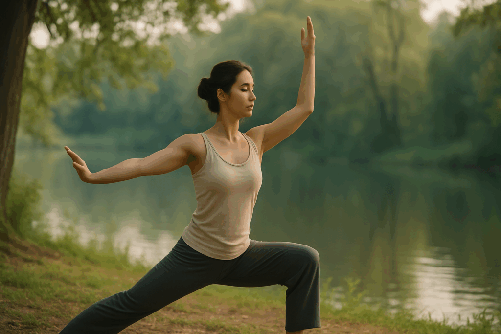 Boost Strength and Stamina Naturally: Try This 15 Minute Exercise Routine for Beginners at Home 4 Woman practicing yoga near a lake as part of a 15 minute exercise routine for mindful movement and breathwork.