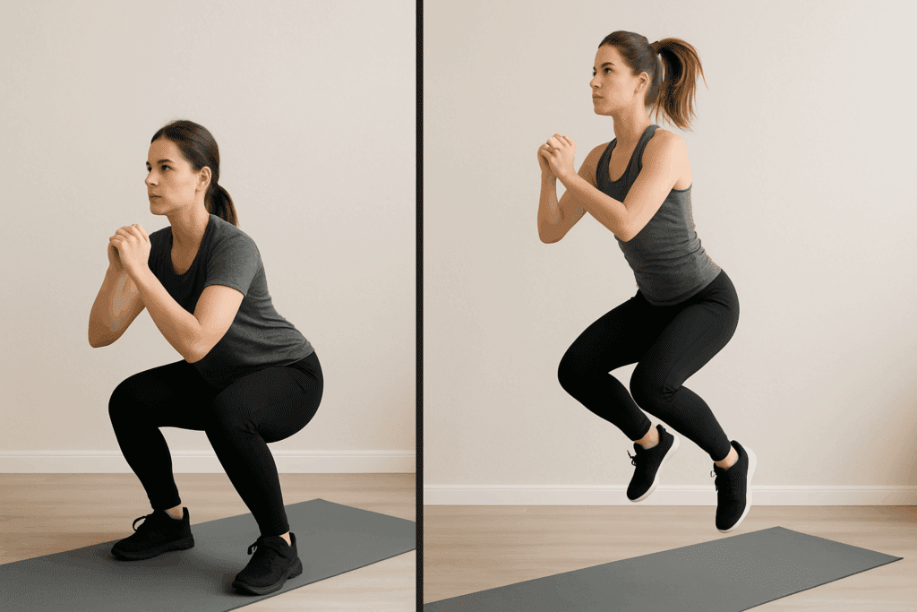 Boost Strength and Stamina Naturally: Try This 15 Minute Exercise Routine for Beginners at Home 5 Woman performing a basic squat beside another doing a jump squat, illustrating progression in a 15 minute exercise routine