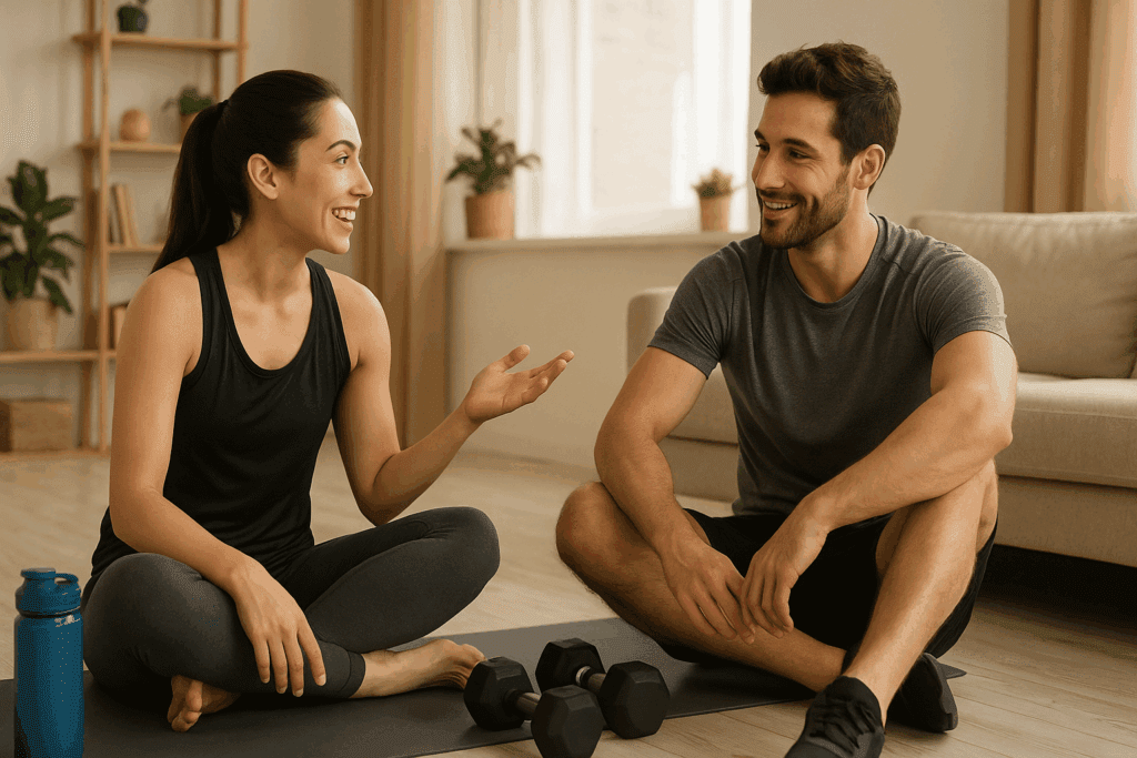 Boost Strength and Stamina Naturally: Try This 15 Minute Exercise Routine for Beginners at Home 6 Personal trainer guiding a beginner through a 15 minute exercise routine in a cozy home gym setting