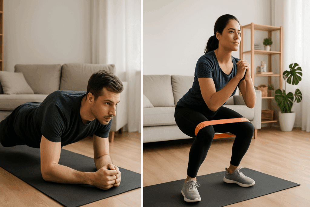 Boost Strength and Stamina at Home: How Free Workout Videos and Online Exercise Routines Can Elevate Your Fitness Goals Naturally 1 Man holding a plank and woman doing resistance band squats at home, demonstrating exercises featured in free workout videos.