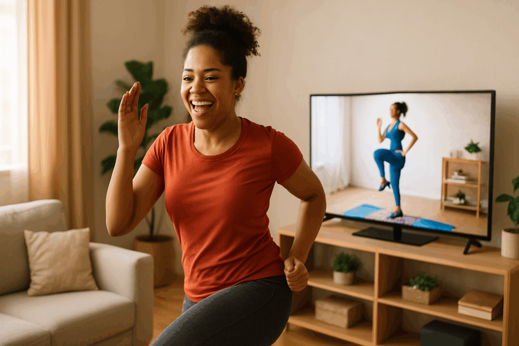 Boost Strength and Stamina at Home: How Free Workout Videos and Online Exercise Routines Can Elevate Your Fitness Goals Naturally 2 Joyful woman exercising at home while smiling and following free workout videos on TV in a cozy, sunlit living room.