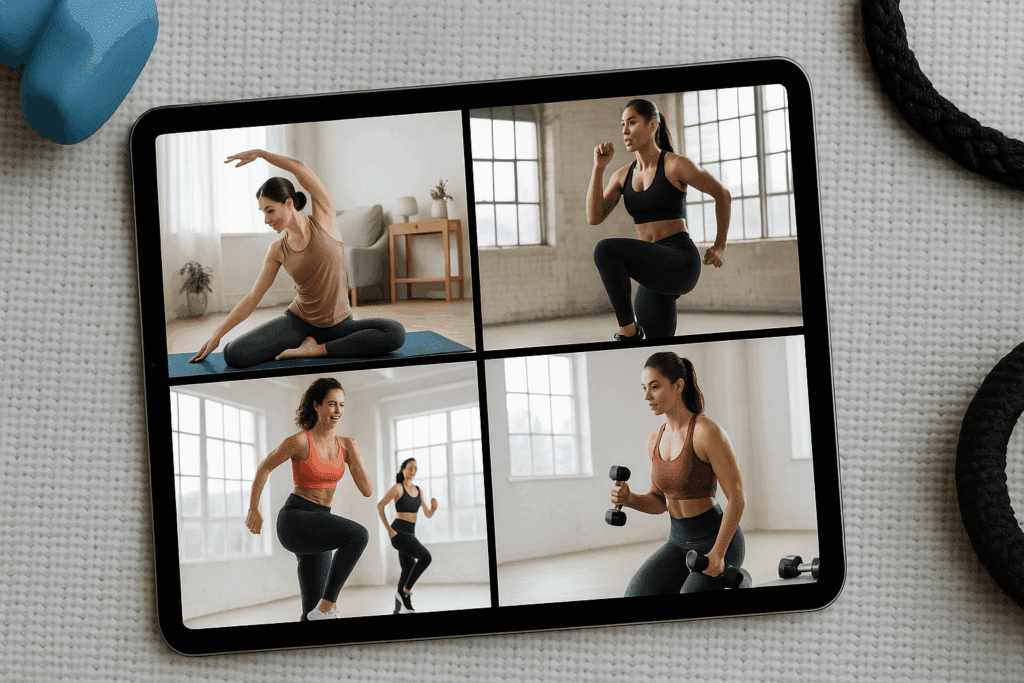 Boost Strength and Stamina at Home: How Free Workout Videos and Online Exercise Routines Can Elevate Your Fitness Goals Naturally 3 Tablet displaying a variety of free workout videos, including yoga, HIIT, dance cardio, and strength training classes, on a fitness mat.