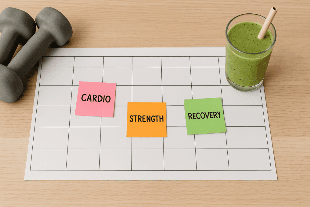 Boost Strength and Stamina at Home: How Free Workout Videos and Online Exercise Routines Can Elevate Your Fitness Goals Naturally 4 Weekly fitness planner with colorful post-it notes for cardio, strength, and recovery next to dumbbells and a smoothie, promoting free workout videos.