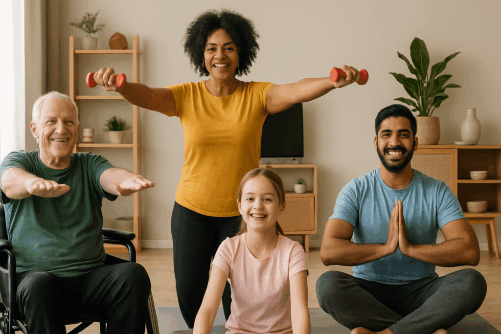 Boost Strength and Stamina at Home: How Free Workout Videos and Online Exercise Routines Can Elevate Your Fitness Goals Naturally 5 Diverse group of people doing home exercises like yoga, seated stretches, and strength training, promoting free workout videos.