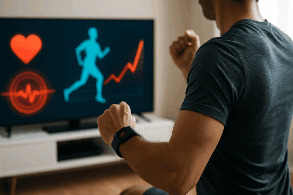 Boost Strength and Stamina at Home: How Free Workout Videos and Online Exercise Routines Can Elevate Your Fitness Goals Naturally 6 Person exercising at home using free workout videos on a smart TV, wearing a smartwatch displaying fitness stats in a modern living room