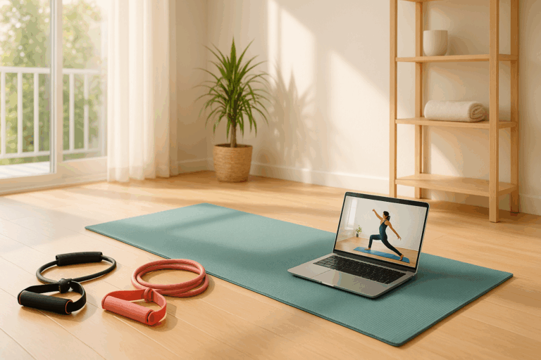 Minimalist home gym with yoga mat, resistance bands, and laptop streaming free workout videos in bright natural morning light