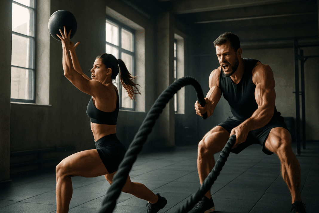 Athletic man and woman performing high intensity upper body exercises with battle ropes and medicine ball in a modern gym.