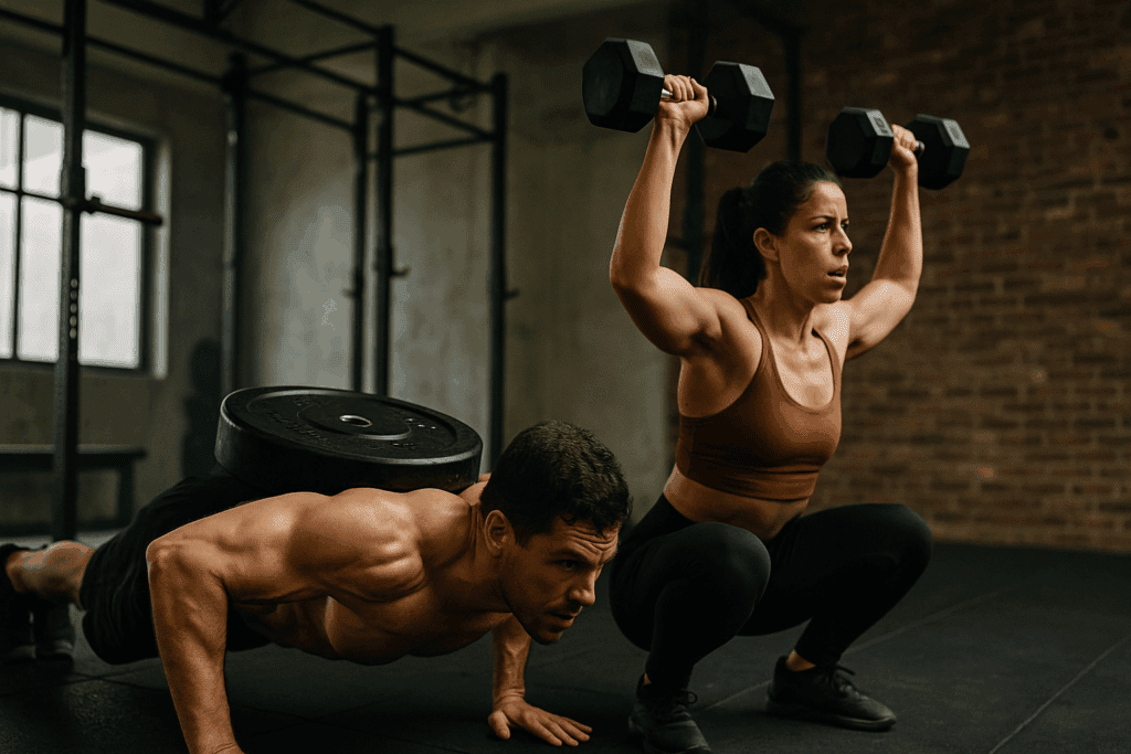 Boost Strength and Stamina with High Intensity Upper Body Exercises: How Upper Body HIIT Enhances Performance and Endurance Naturally 1 Man doing weighted push-ups and woman performing dumbbell thrusters in a gym during high intensity upper body exercises