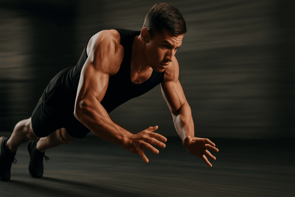 Boost Strength and Stamina with High Intensity Upper Body Exercises: How Upper Body HIIT Enhances Performance and Endurance Naturally 2 Athletic man performing plyometric push-up during high intensity upper body exercises, highlighting chest, arm, and core muscles.