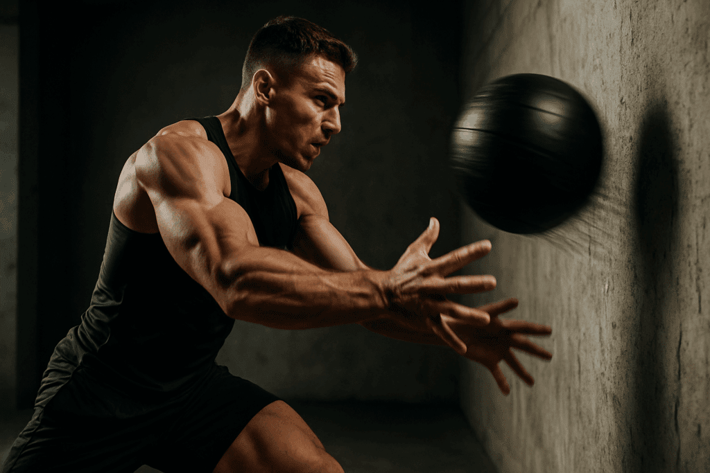 Boost Strength and Stamina with High Intensity Upper Body Exercises: How Upper Body HIIT Enhances Performance and Endurance Naturally 4 Muscular athlete performing high intensity upper body exercises by forcefully throwing a heavy medicine ball against a concrete wall.